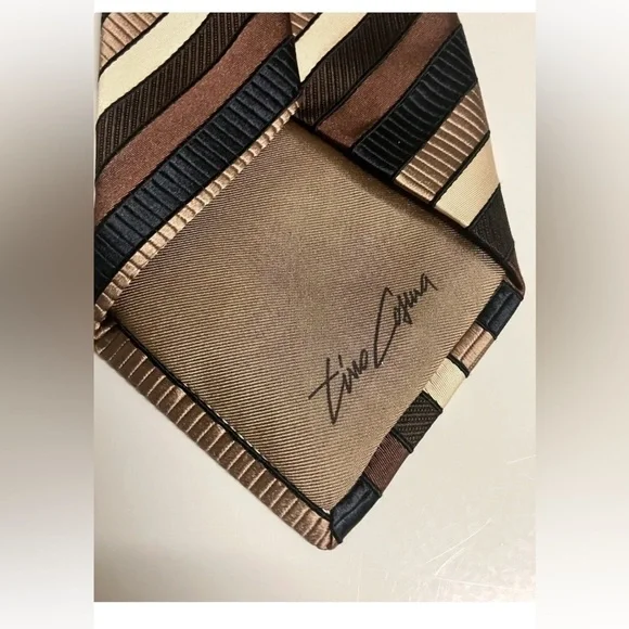 TINO Cosma Mens Silk Tie Made in Italy Stripes Brown Black Tan - Picture 2 of 5